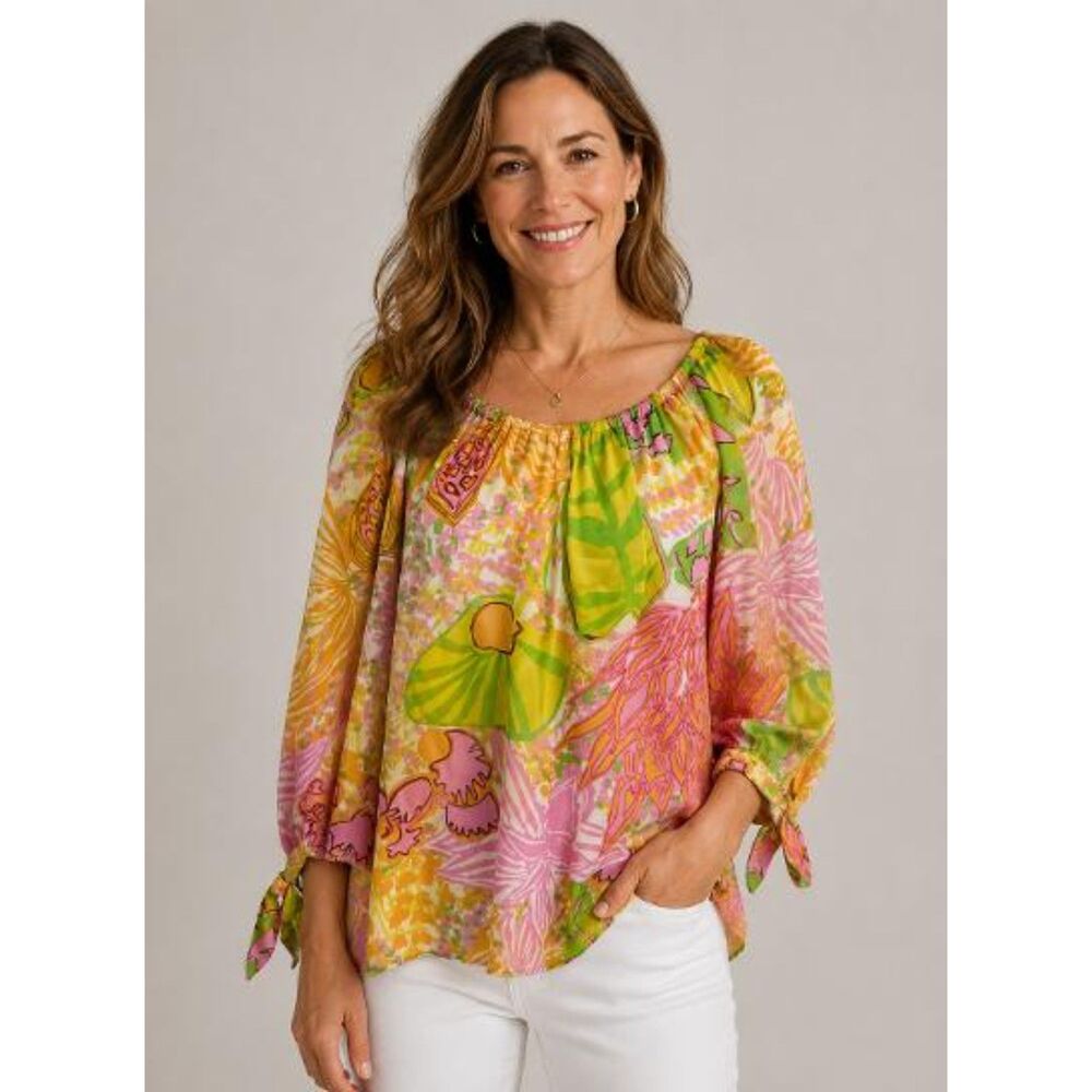 Trina Turk Floral Silk Women's Sheer Top Blouse Tunic Colorful Tropical Size S